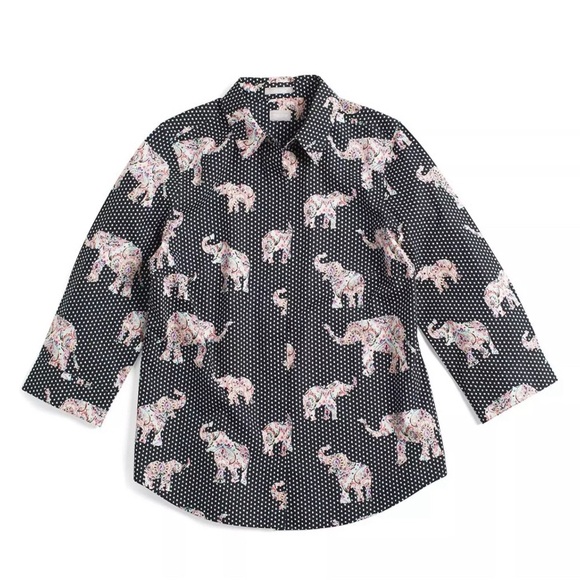 Chico's Size 1 Black Polka Dot Elephants Button Up Shirt No Iron Stain Sheild - Picture 2 of 14